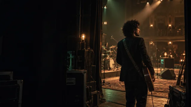 Artista com guitarra nos bastidores de uma casa de shows