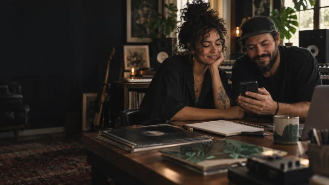 Artista e produtor planejando um lançamento musical em um estúdio