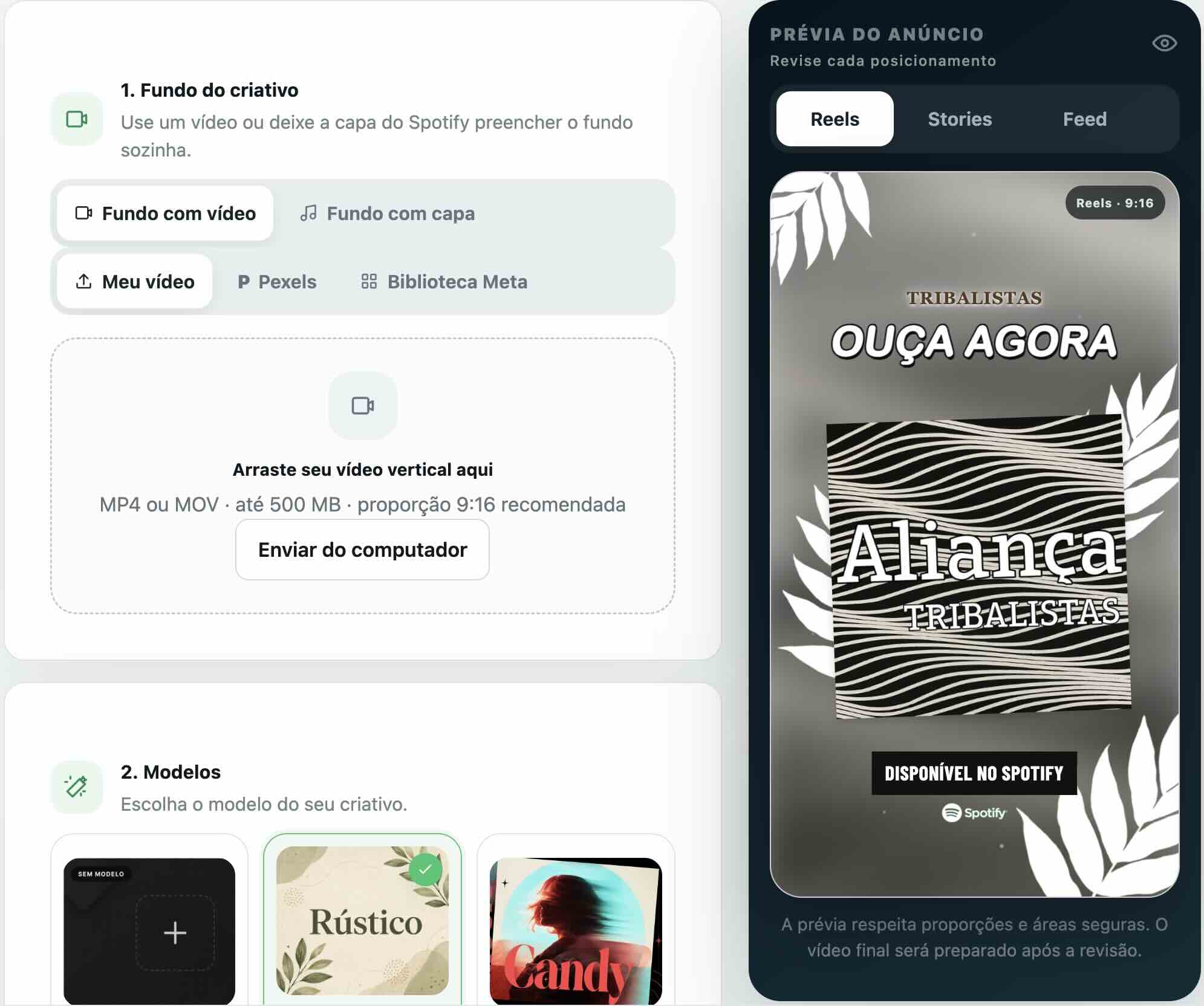 Interface do editor de criativos e modelos de anúncios do Palco Ads