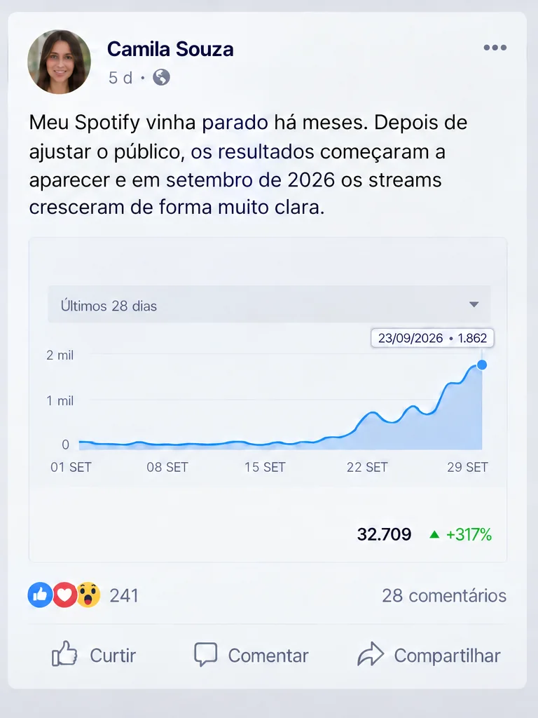 Relato de Camila Souza sobre a retomada do crescimento no Spotify, acompanhado do gráfico de resultados