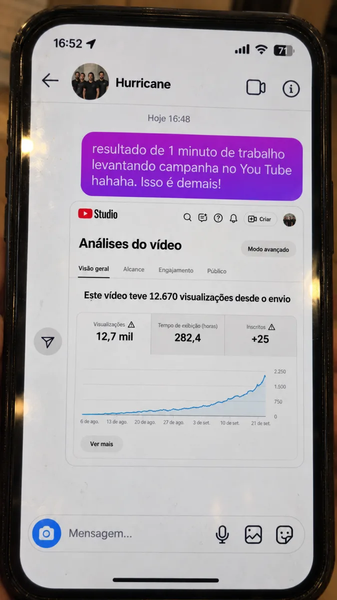 Mensagem da banda Hurricane sobre a rapidez para levantar uma campanha no YouTube, junto à tela de resultados do YouTube Studio