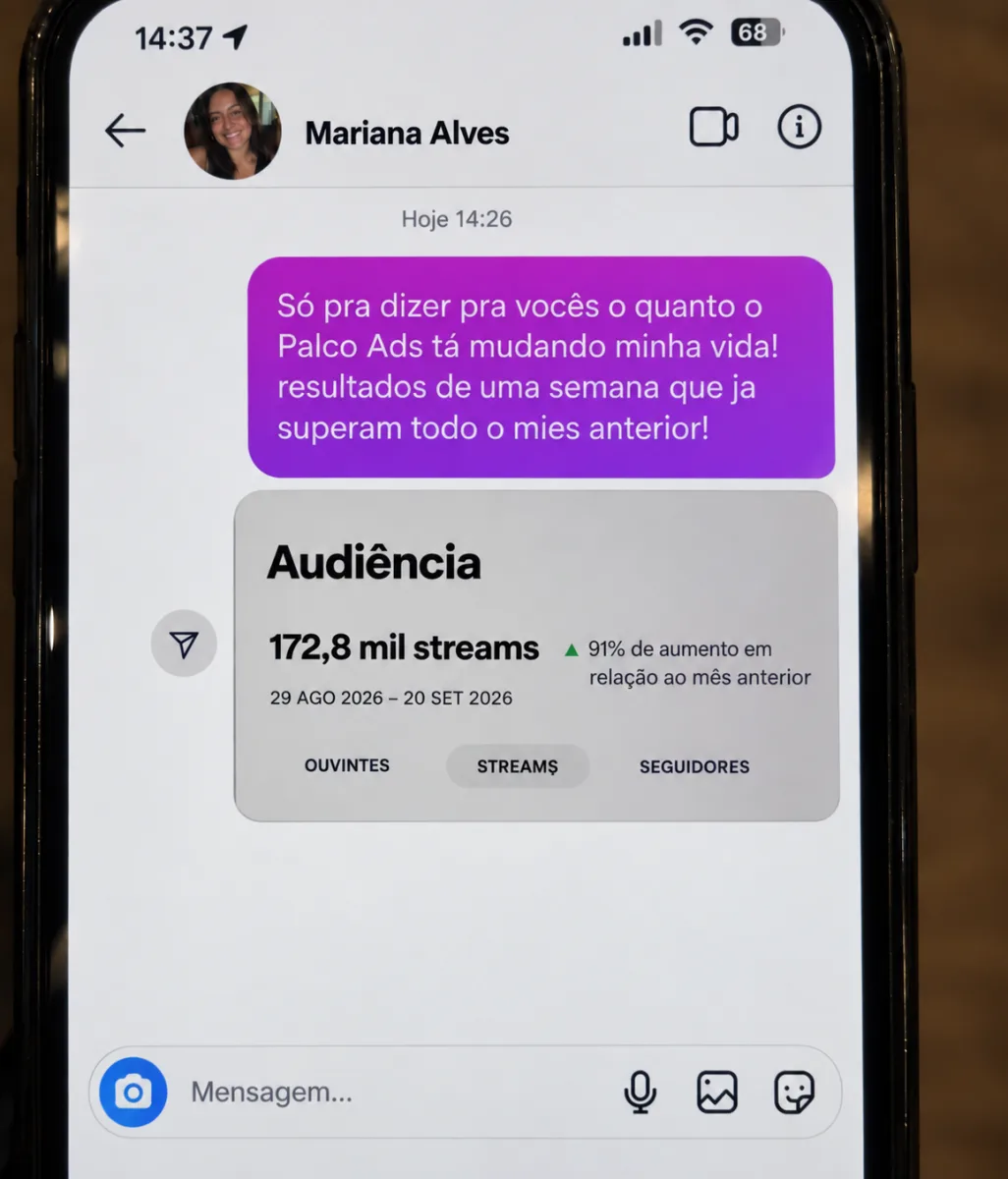 Mensagem de Mariana Alves contando que os resultados de uma semana com o Palco Ads superaram o mês anterior, junto ao painel de streams
